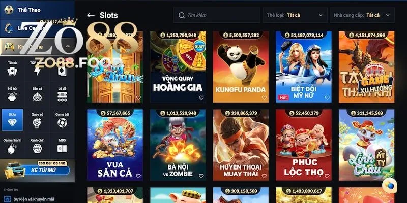 Danh sách sảnh và game slot hay tại Zo88
